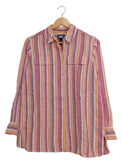 LANDS' END Damen Leinenhemd Gestreift Langarm Rosa Orange XS
