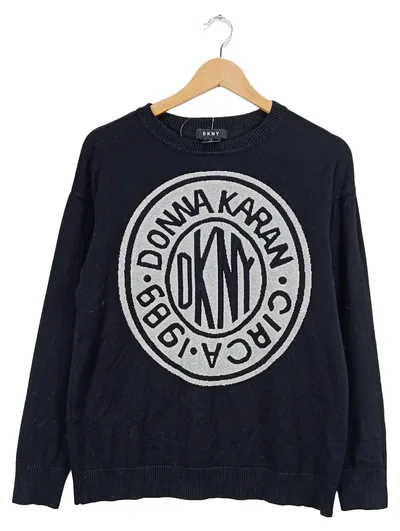 DKNY Damen Pullover Schwarz Gr. S Logo Print Donna Karan Rundhals