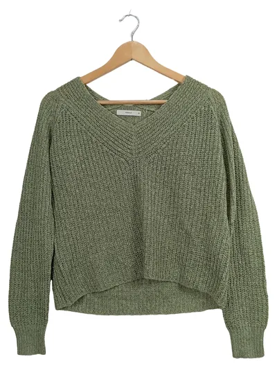 Pigalle Pullover Damen Strickpullover V-Ausschnitt Gr. 34/XS Grün Casual Basic