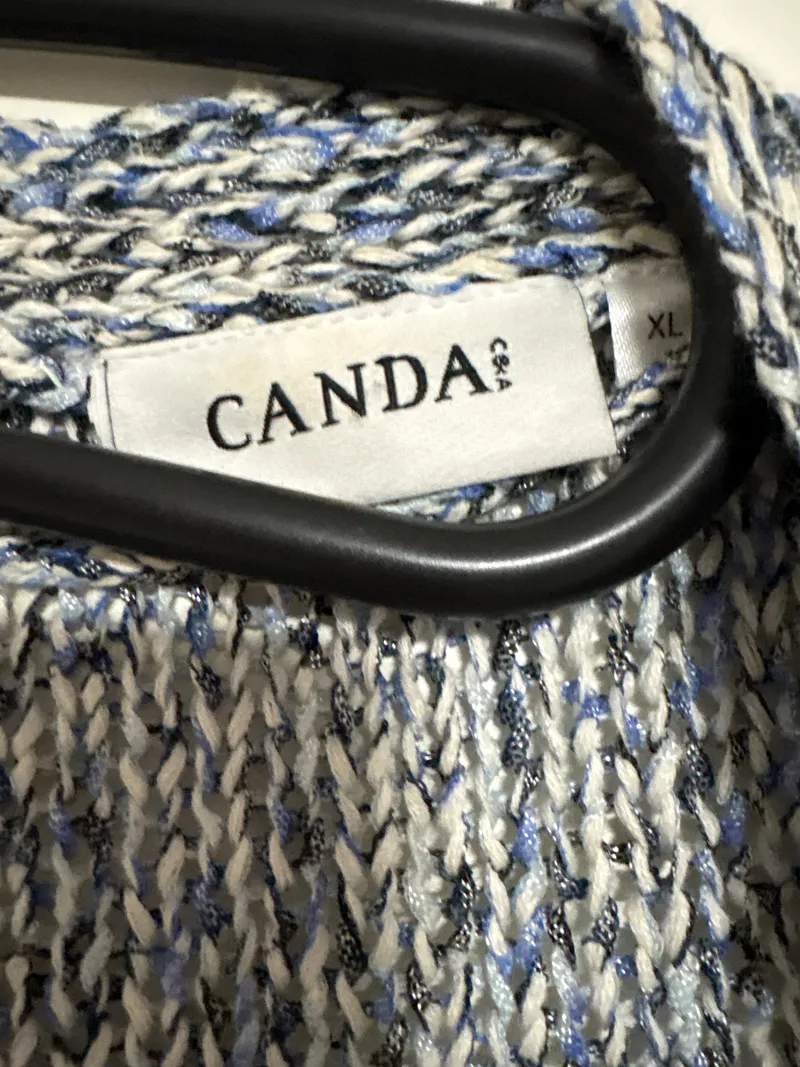 CANDA Damen Strickjacke Kurzarm Fransen Meliert Grau Blau Gr. 42/XL 3