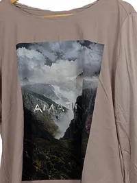 Cartoon Langarmshirt Damen Gr. 40 L Beige Bergmotiv Landschaft Amazing Shirt 3