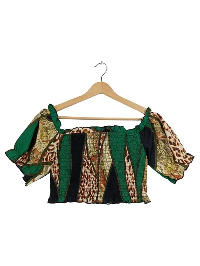 Glamaker Damen Crop Top Animal Print Puffärmel Gr. M Mehrfarbig Grün