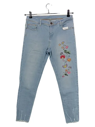 ZARA Damen Jeans Slim Fit Gr. 40 Blau Blumenstickerei Boho