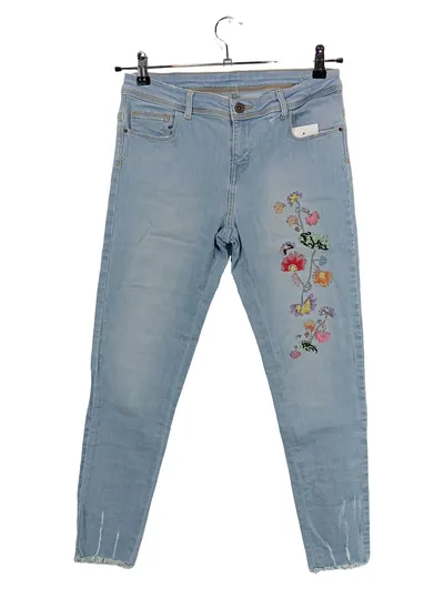 ZARA Damen Jeans Slim Fit Gr. 40 Blau Blumenstickerei Boho