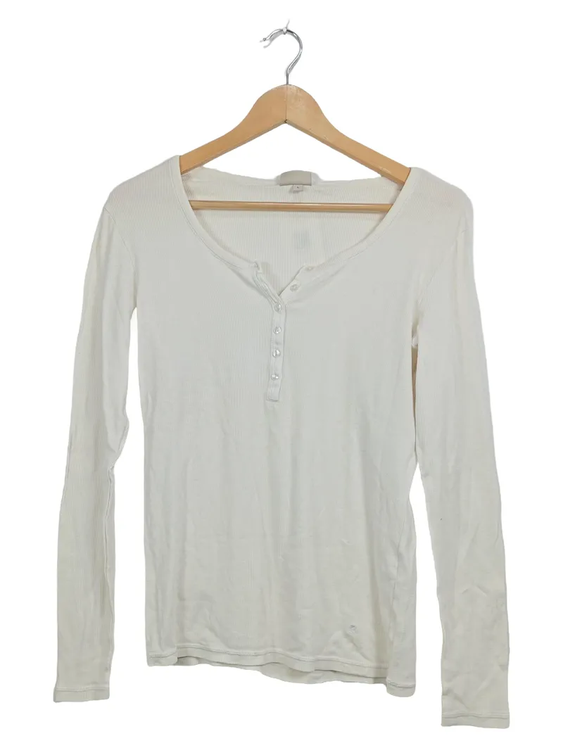 BON'A PARTE Damen Langarmshirt Henley Rippstrick Weiß Gr. L 1