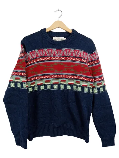 H&M L.O.G.G. Herren Pullover Gr. M Ethno Muster Strick Blau Rot