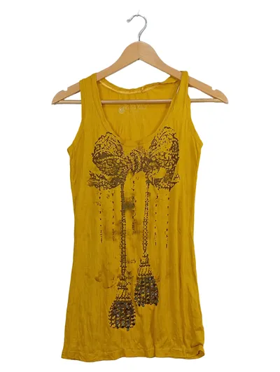 Rich & Royal Damen Top Tanktop Schleifen-Print Pailletten Gelb Gr. XS