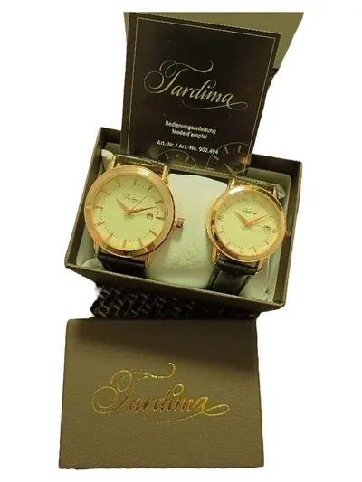 Tardima Uhren Set Damen Herren Armbanduhr Gold Lederband Klassisch Elegant
