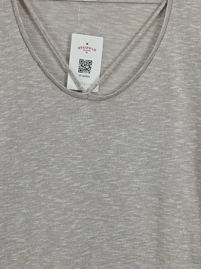 Amisu Damen Langarmshirt Gr. XL Beige Meliert V-Ausschnitt Casual