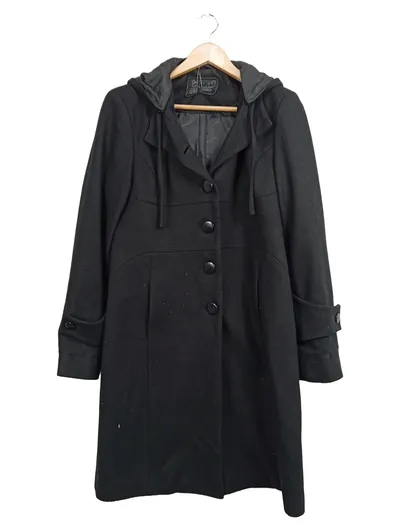 ZARA Damen Wintermantel mit Kapuze Gr. 38;M Schwarz Wolle Polyester Viskose
