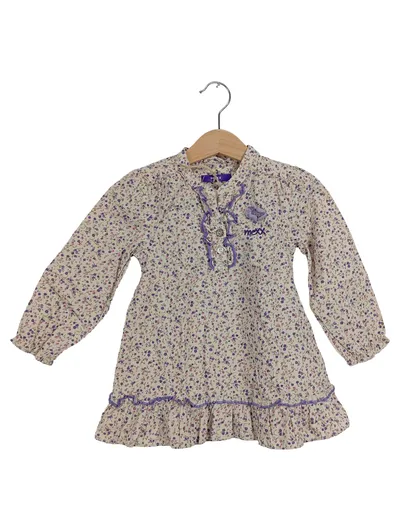 MEXX Mädchen Kleid Gr. 86 Blumenmuster Rüschen Beige Baumwolle