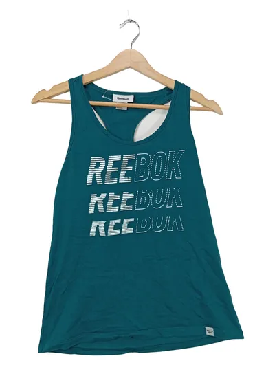 Reebok Damen Tanktop Gr. 36/S Sportlich Petrol Schriftzug Baumwolle Polyester