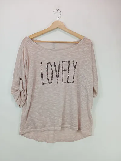 flame Damen T-Shirt Lovely Pailletten Beige Gr. 36/S Kurzarm