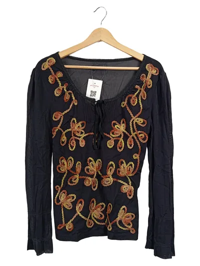 Emozioni Damen Langarmshirt Gr. 40/L Schwarz Stickerei Blumen Mesh Rüschen