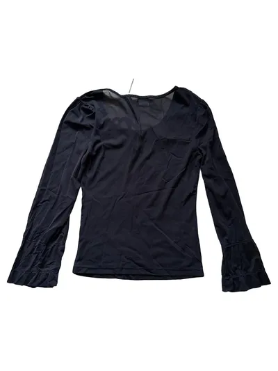 Emozioni Damen Langarmshirt Gr. 40/L Schwarz Stickerei Blumen Mesh Rüschen