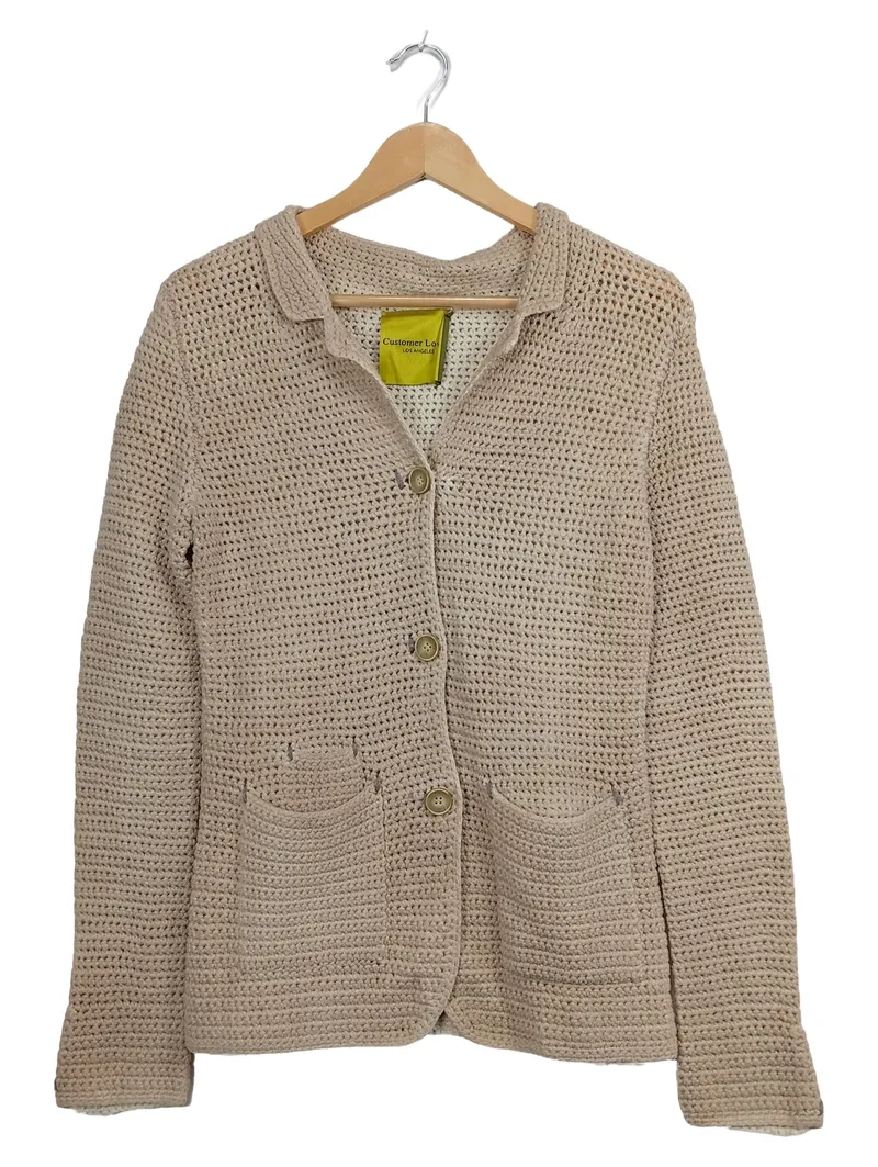 CUSTOMER LOVERS Damen Strickjacke Gr. 40/L Beige Baumwolle Häkel-Optik 1