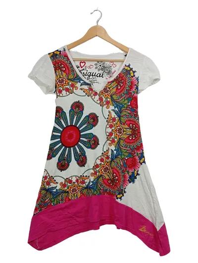 Desigual Damen Kleid M 38 Asymmetrisch Boho Floral Bunt Baumwolle
