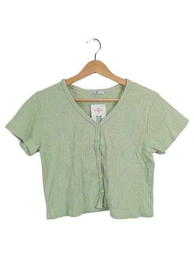 Hailys Damen T-Shirt Gr. L Grün Lochmuster Knopfleiste Kurzarm