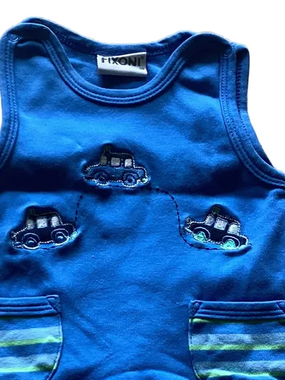 FIXONI Baby Body Baumwolle Gr. 50 Jungen Tiermotive Applikationen Blau