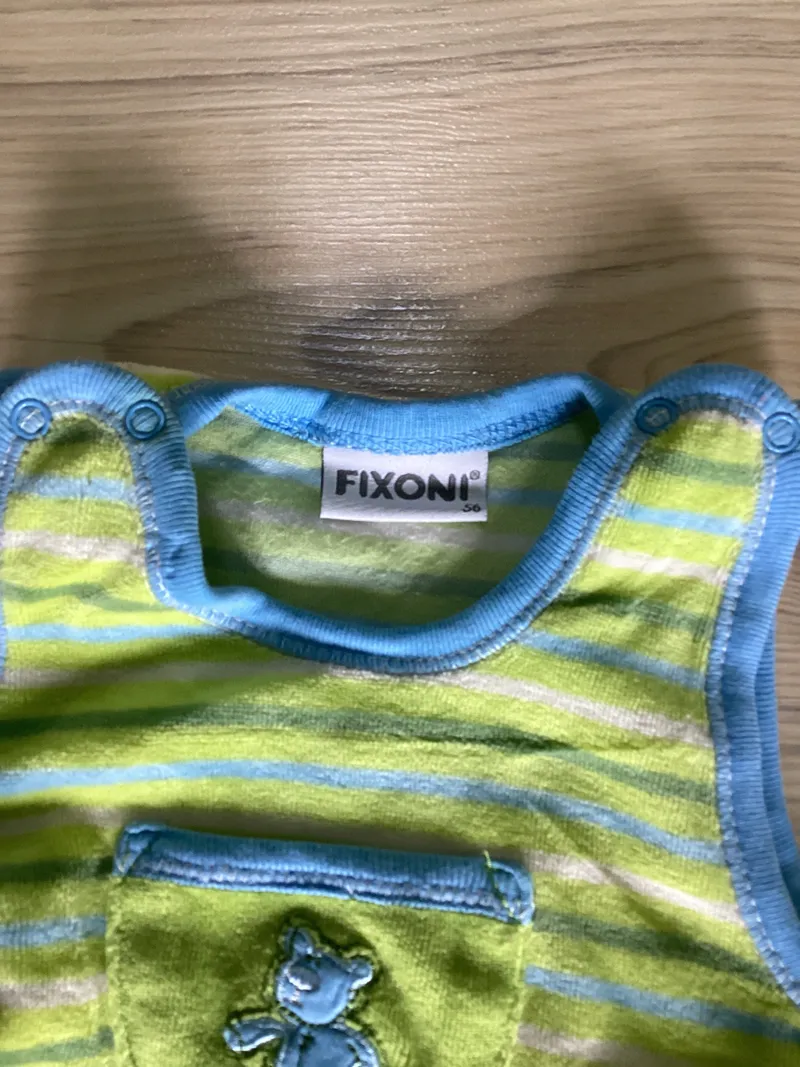 Fixoni Baby Body Strampler Gr. 56 Grün Gestreift Teddy Motiv 3