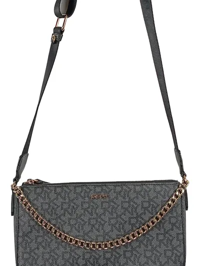 DKNY Damen Umhängetasche Crossbody Bag Grau Logo-Print Kette Modern