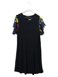 Desigual Damen Kleid L schwarz bunte Blumen Ärmel Rüschen Viskose 1