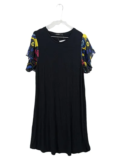 Desigual Damen Kleid L schwarz bunte Blumen Ärmel Rüschen Viskose