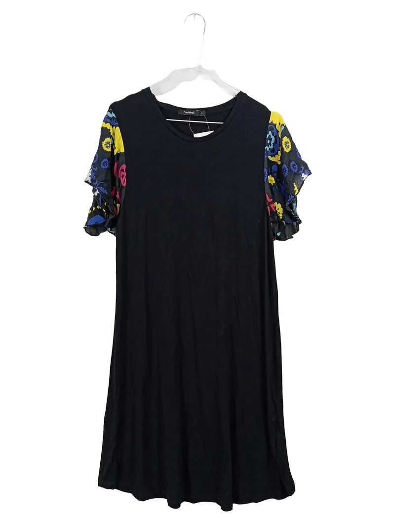 Desigual Damen Kleid L schwarz bunte Blumen Ärmel Rüschen Viskose 1