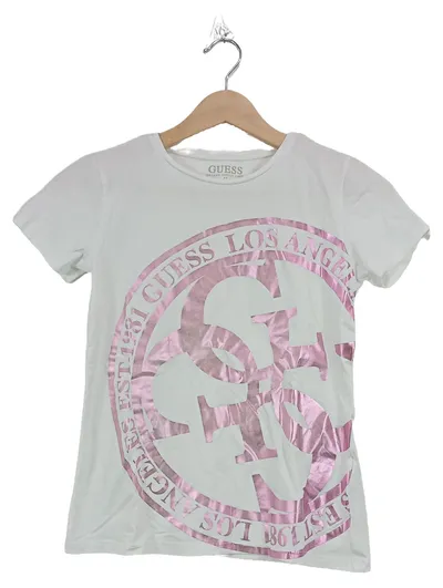 GUESS Kinder T-Shirt Mädchen Logo Print Weiß Rosa Gr. 152 Bio-Baumwolle