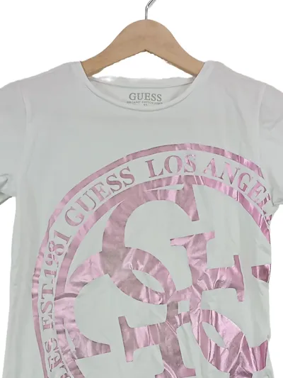 GUESS Kinder T-Shirt Mädchen Logo Print Weiß Rosa Gr. 152 Bio-Baumwolle