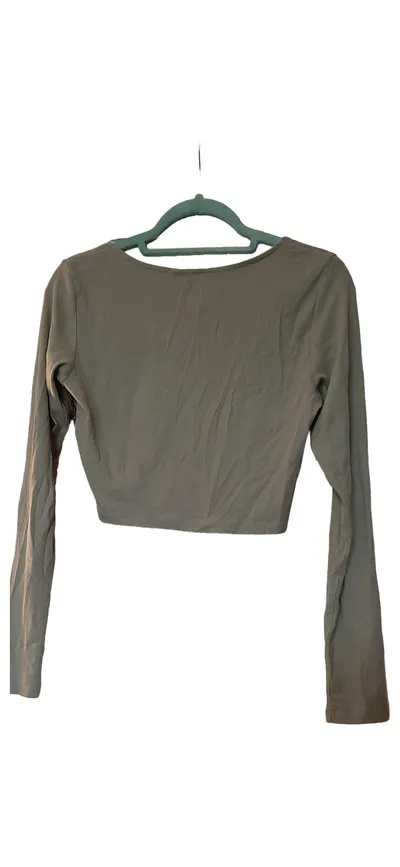 Monki Damen Langarmshirt Crop Top Rippstrick Grün Gr. 40 L Baumwolle Stretch