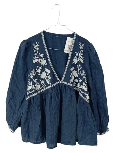 ZARA Damen Bluse Gr. 38 Blau Weiß Blumen Stickerei Boho Tunika