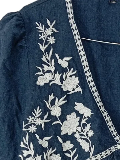ZARA Damen Bluse Gr. 38 Blau Weiß Blumen Stickerei Boho Tunika