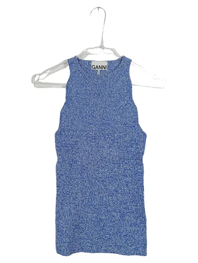 GANNI Stricktop Damen Gr. XS Blau Meliert Rippstrick Ärmellos