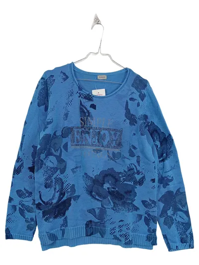 RABE Damen Pullover Gr. 44 XXL Blau Blumenmuster Strass Schriftzug Casual