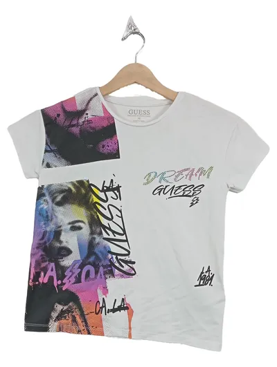 GUESS T-Shirt Kinder Gr. 140 Weiß Streetwear Grafisch Strasssteine