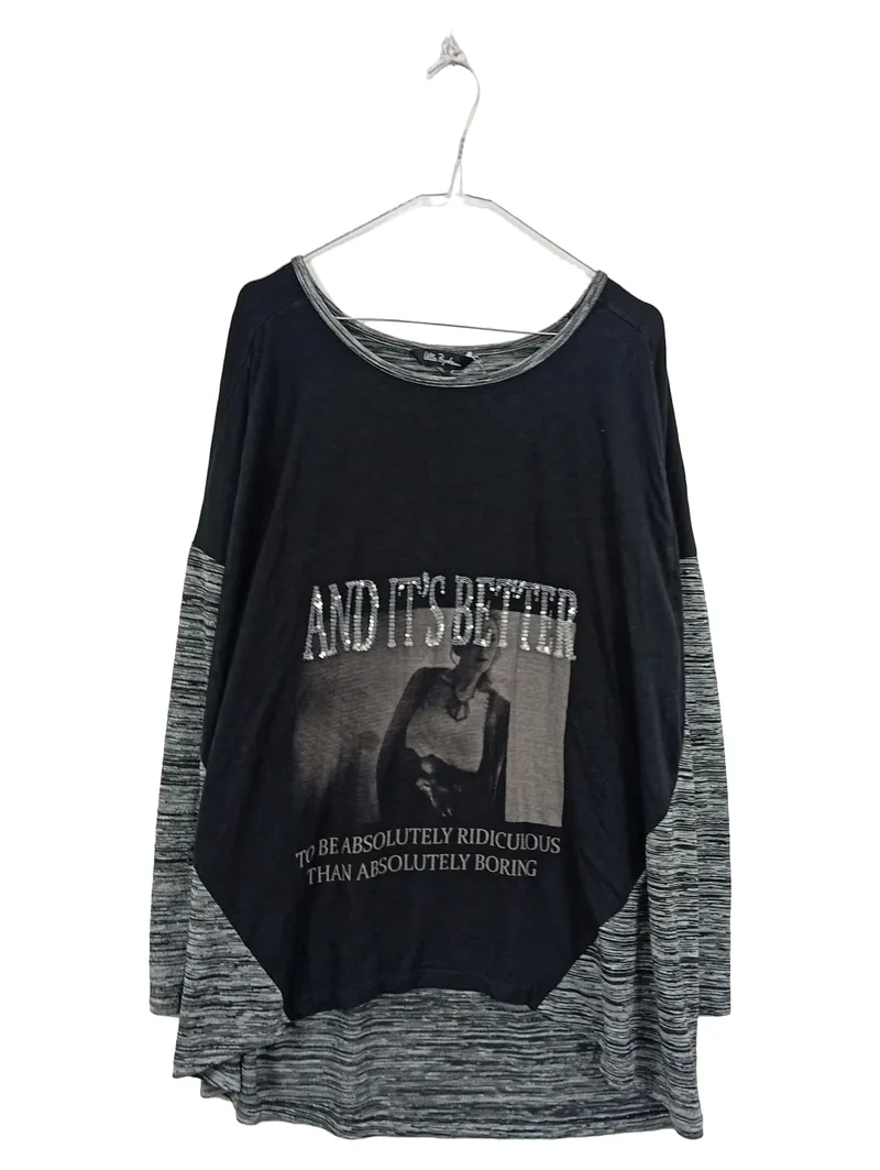 Ulla Popken Damen Langarmshirt Gr. 2XL Schwarz Grau Pailletten Print 1