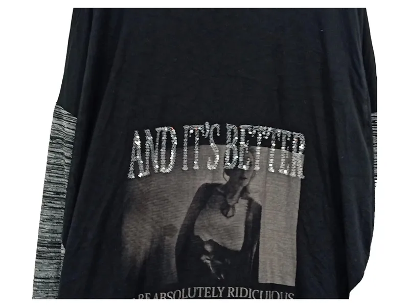 Ulla Popken Damen Langarmshirt Gr. 2XL Schwarz Grau Pailletten Print 4