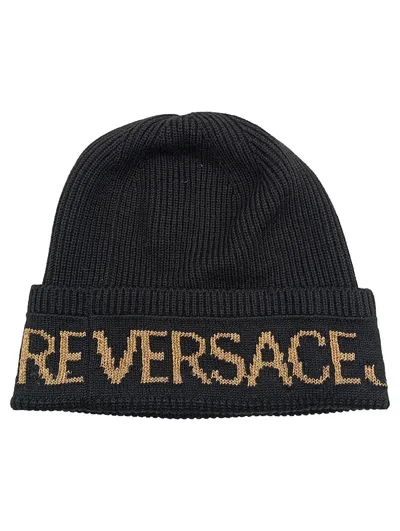 VERSACE JEANS COUTURE Herren Beanie Mütze Schwarz Gold Logo Wolle