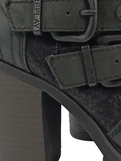 Replay Damen Stiefeletten Gr. 37 Schwarz Leder Blockabsatz Schnallen