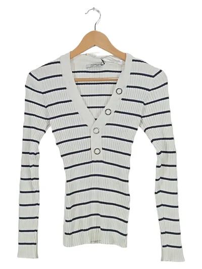 Morgan Damen Pullover Gr. S Gestreift Weiß Blau Rippstrick V-Ausschnitt