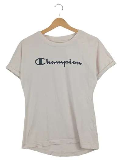 Champion Damen T-Shirt Gr. 38 Beige Sportlich Logo-Print Kurzarm