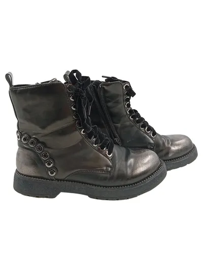 CafèNoir Damen Schnürstiefel Gr. 39 Grau Metallic Ösen Combat Boots