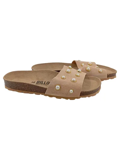 BILLOWY Damen Pantoletten Gr. 38 Beige Wildleder Perlen Made in Spain