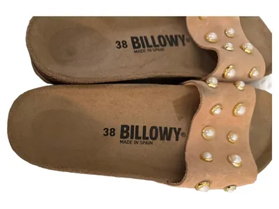 BILLOWY Damen Pantoletten Gr. 38 Beige Wildleder Perlen Made in Spain