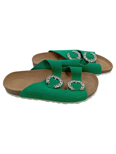 BILLOWY Pantoletten Strass-Schnalle Damen Gr. 38 Glamourös Grün Freizeit