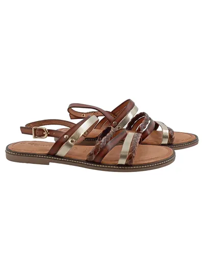 Tamaris Damen Sandalen Riemchen Leder Braun Gold Gr. 37 Sommer