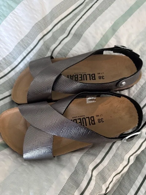 Blue Bay Damen Sandalen Gr. 38 Silber Metallic Leder Made in Spain 4