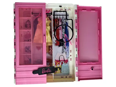 Barbie Kleiderschrank Puppenmöbel Aufbewahrung Pink Zubehör Uni Logo
