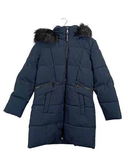 DKNY Damen Steppjacke Winterjacke Gr. 38 M mit Kunstpelz Kapuze Blau